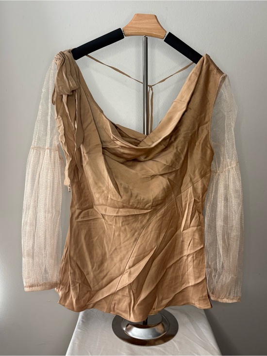Roberto Cavalli Tops - Roberto Cavalli Camel Cowl-Neck Blouse with Sheer Ivory Sleeves